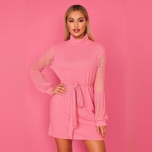 XL Vintage-Like, Barbiecore Dress – Unique Pink Lace Puff Sleeve Belted Waist